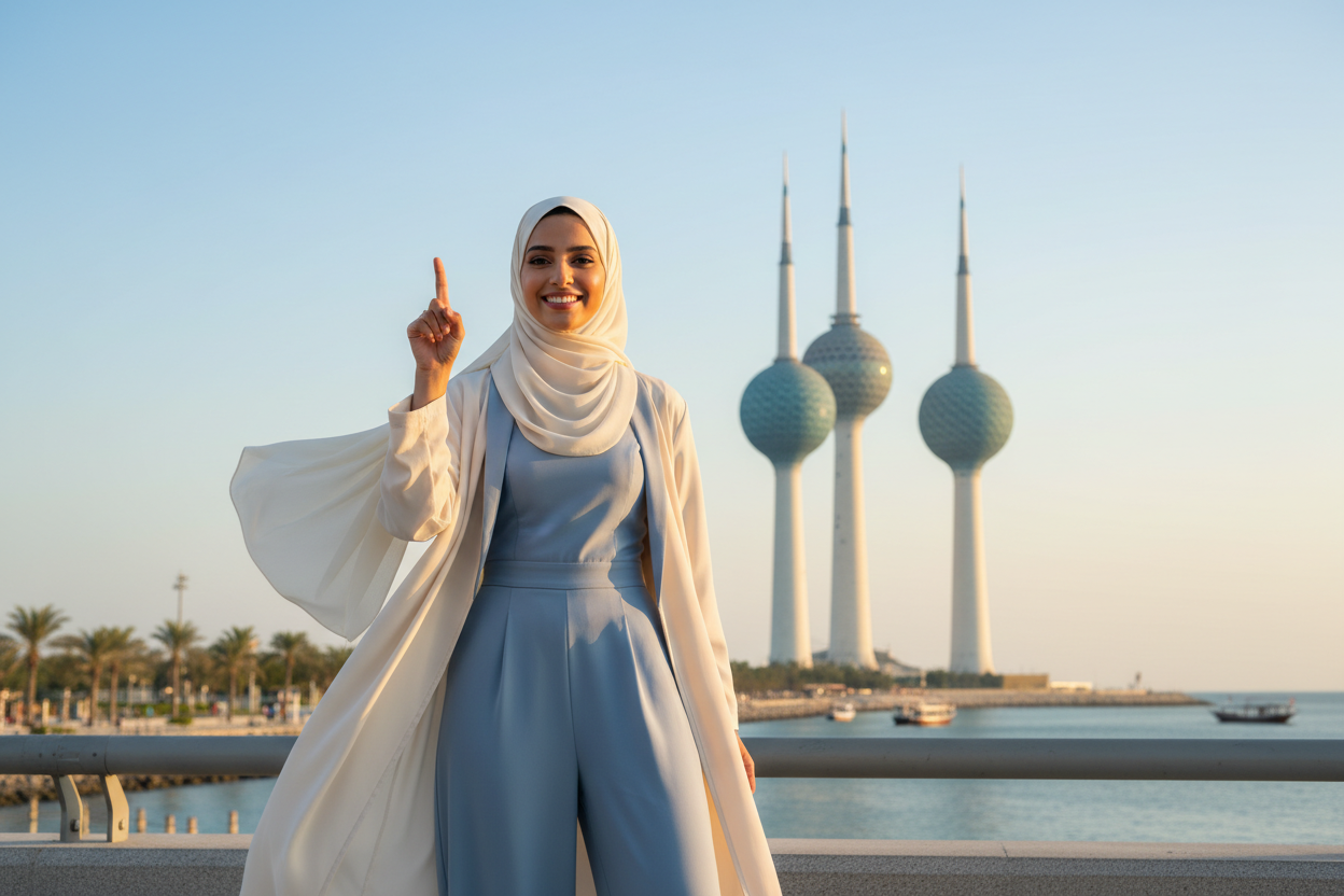 hijabi girl standing with indicating one through finger and behind that there is kuwait towers